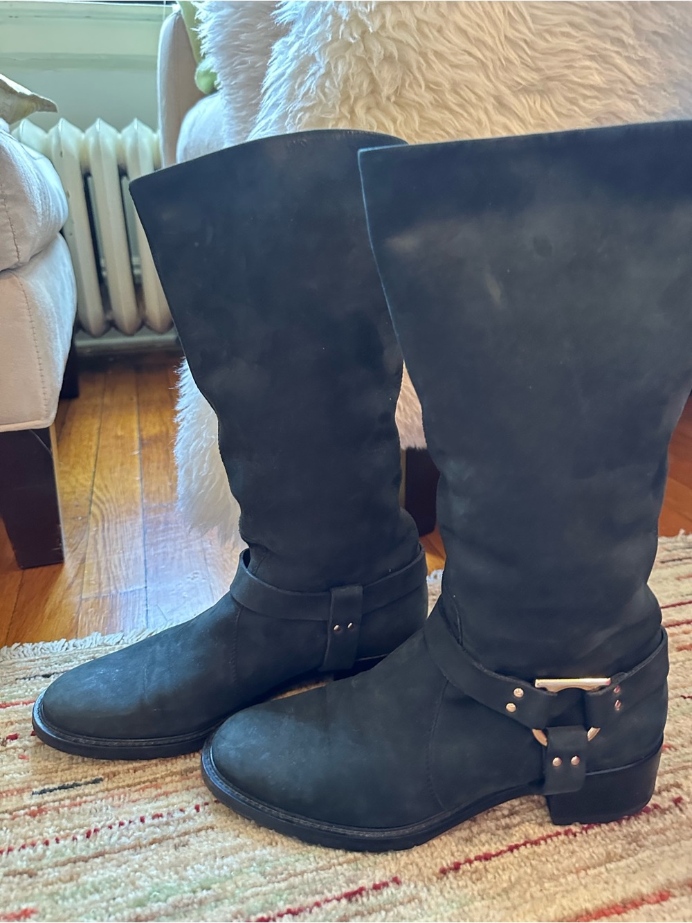 Salvatore Ferragamo Gancini Bit Harness Suede Faux Fur-Lined Biker Boots Black 8